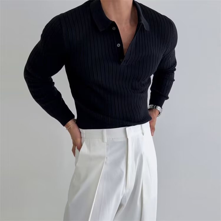 Lapel Button Long Sleeve Polo Shirt Slim Fashion Solid Striped Knitted Bottoming Shirt Top Men's Clothing