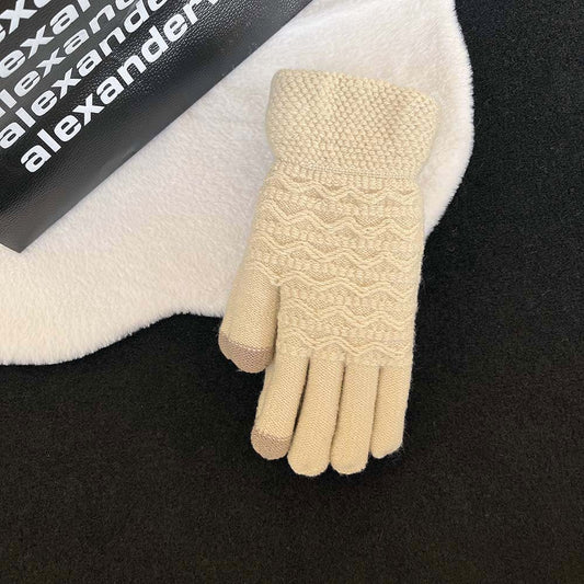 Women's Wave Patterned Double-layer Velvet Thickened Knitted Gloves