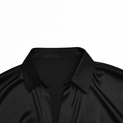 Ladies Long Lapel Shirt Black Fashion Long Puff Sleeve Top