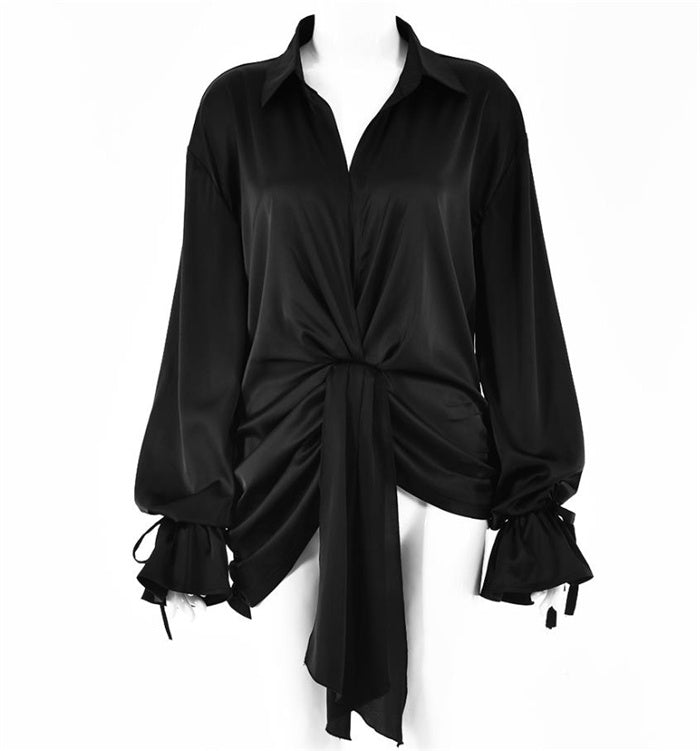 Ladies Long Lapel Shirt Black Fashion Long Puff Sleeve Top