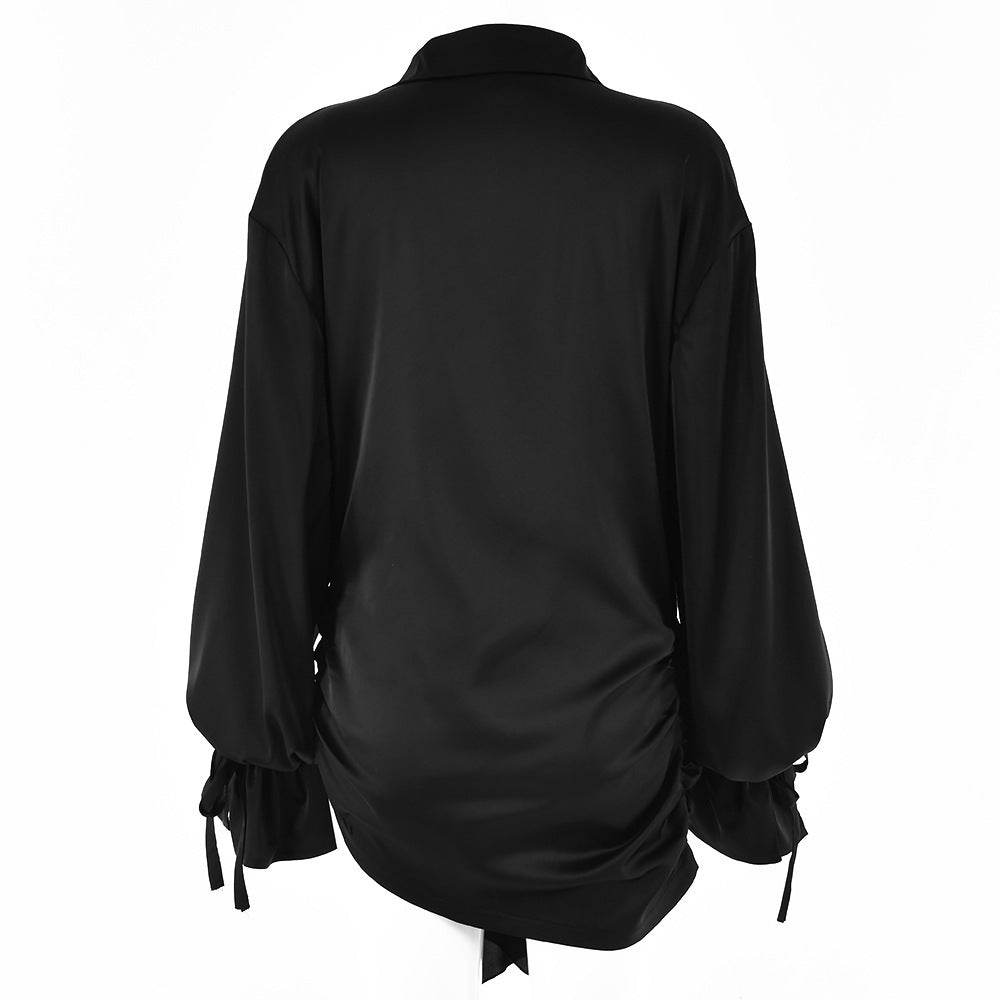 Ladies Long Lapel Shirt Black Fashion Long Puff Sleeve Top