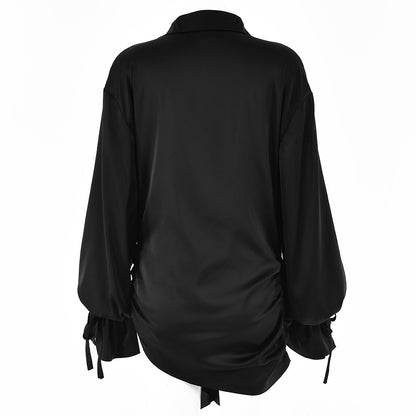 Ladies Long Lapel Shirt Black Fashion Long Puff Sleeve Top