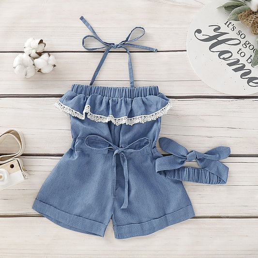 Ins Foreign Trade Platform For Cross-Border Infant Spinning Jeans Hanging Neck Jumpsuit Denim Headband Two-Piece Set