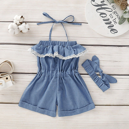 Ins Foreign Trade Platform For Cross-Border Infant Spinning Jeans Hanging Neck Jumpsuit Denim Headband Two-Piece Set