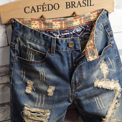 Trend big hole jeans short pants men''s summer Capris jeans pants pants beggars pants men''s Korean slim