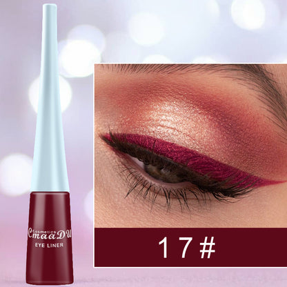 17-color liquid eyeliner, matte and glitter finishes. Quick-drying, long-lasting, and smudge-proof.