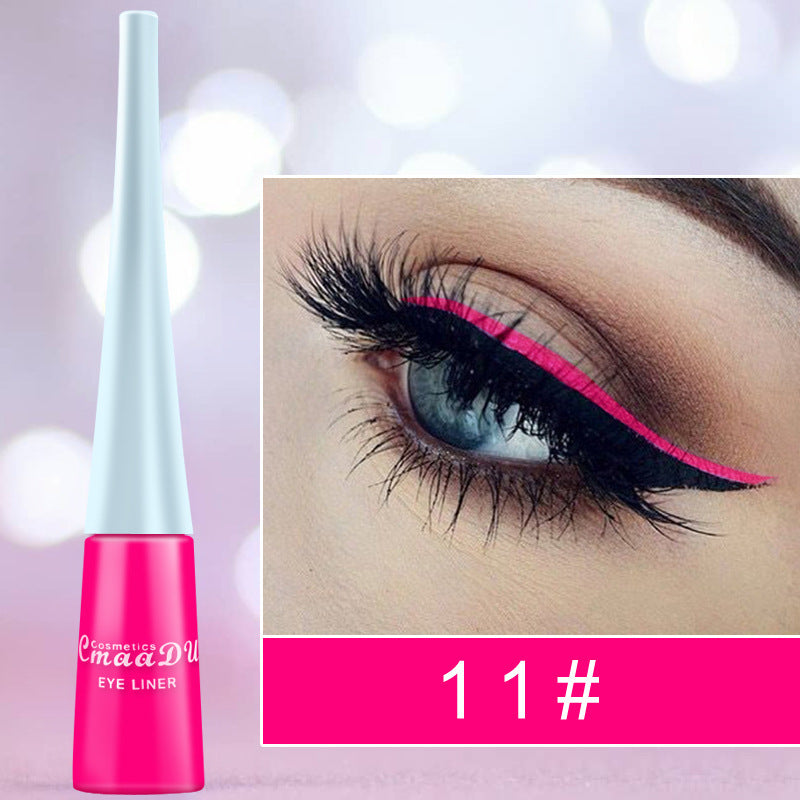 17-color liquid eyeliner, matte and glitter finishes. Quick-drying, long-lasting, and smudge-proof.