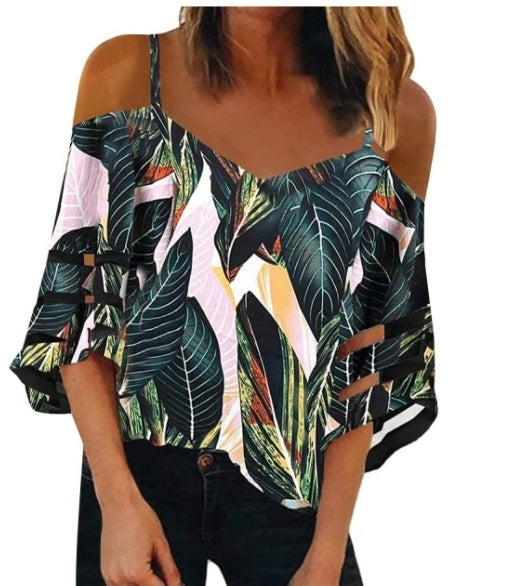 Flared Sleeve V-neck Printed Off Shoulder Sling