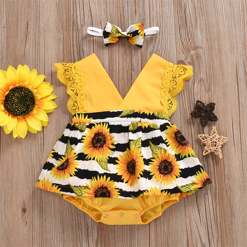 Summer Baby Girl Triangle Romper, Lace Wrapper For Newborn Baby, Sunflower Baby One-piece Romper