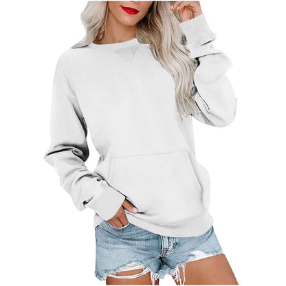 Solid Color Pullover Sweatshirt With Pocket Fashion Loose Round Neck Long Sleeves Top Womens Clothing