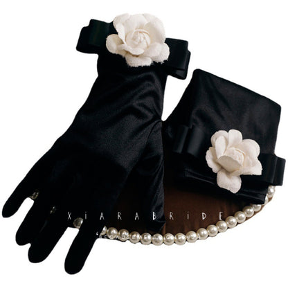 Women's Retro Hepburn Wind Black Evening Dress Butterfly Gloves