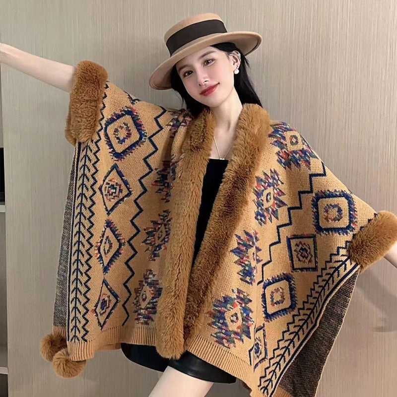 Ethnic Style Fur Ball Shawl Cape Cloak