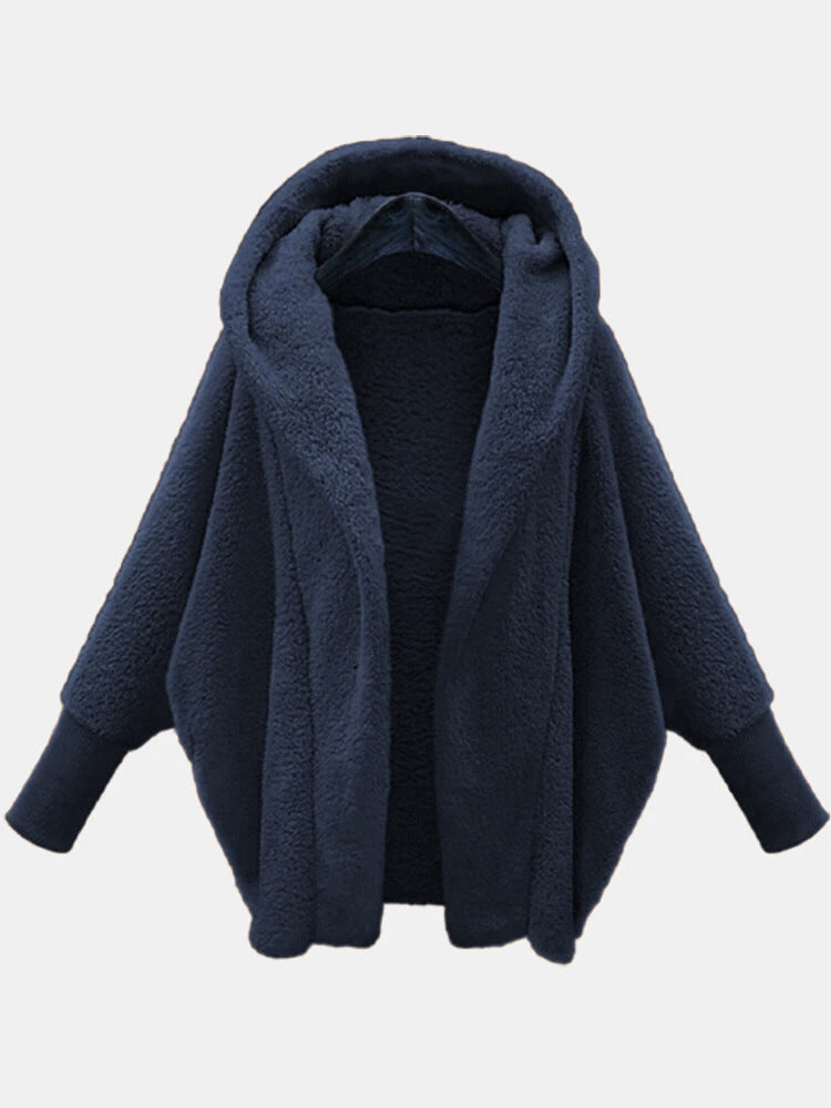 European And American Women's Clothing Solid Color Long Sleeve Hooded Loose Plush Coat