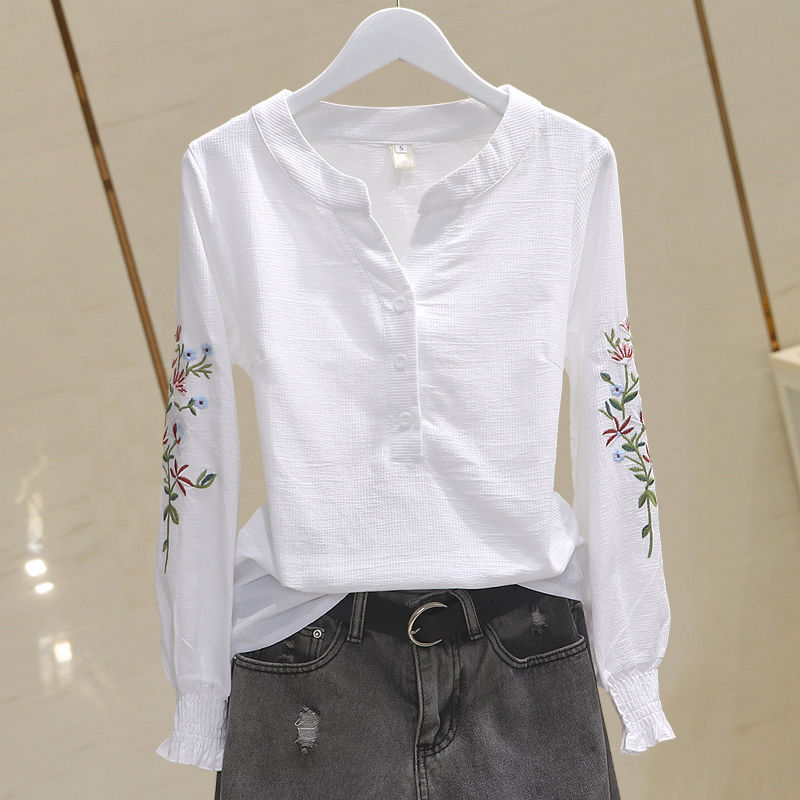 V-neck Embroidery Pleating Long Sleeve Cotton Shirt Fashion Embroidered Top