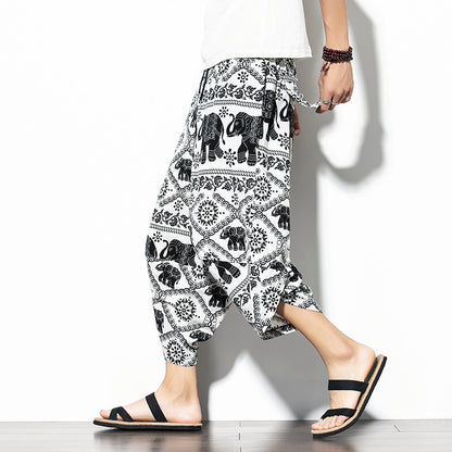 Printed Pants Baggy Cotton And Linen Loose Casual Cropped Pants