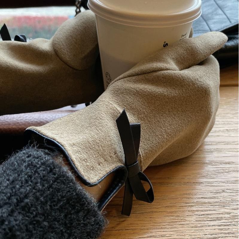 Warm Gloves Winter Women's Korean-style Cute Bow Fleece-lined Thickened