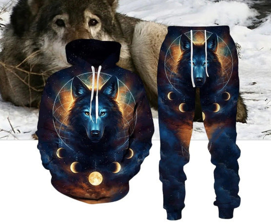 Digital Wolf Pattern Hoodie Sweater Pants Suit For Men And Women