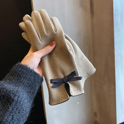 Warm Gloves Winter Women's Korean-style Cute Bow Fleece-lined Thickened