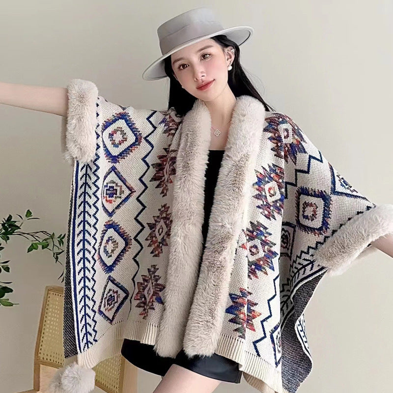 Ethnic Style Fur Ball Shawl Cape Cloak