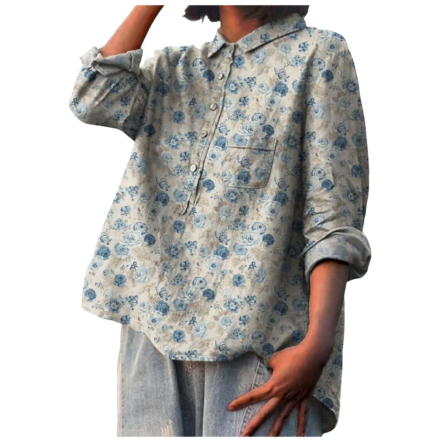 Arrival Long Sleeve Chinese Style Slub Linen Lapel Print Fashionable All-match Pocket Lining