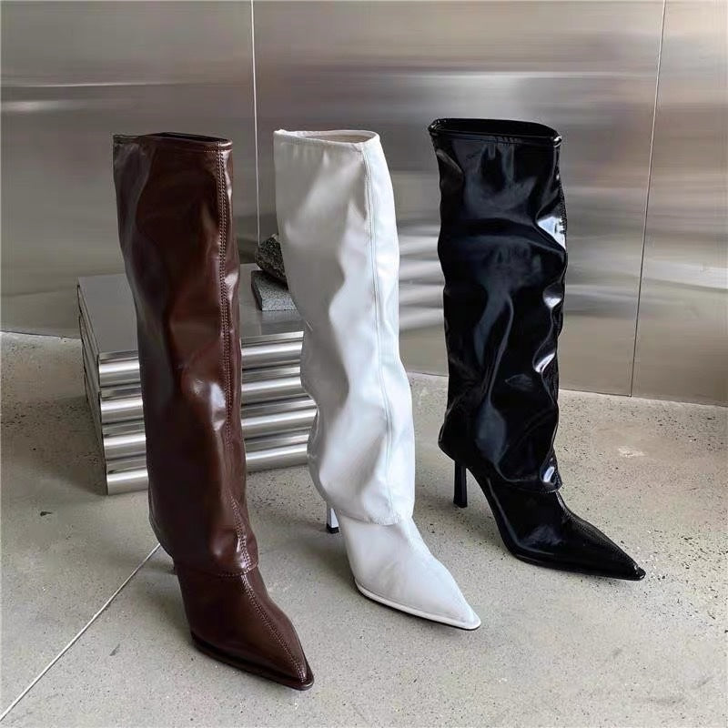 Patent Leather Pointed Toe Pantyhose Boots Stiletto High