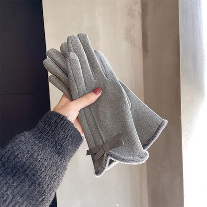 Warm Gloves Winter Women's Korean-style Cute Bow Fleece-lined Thickened