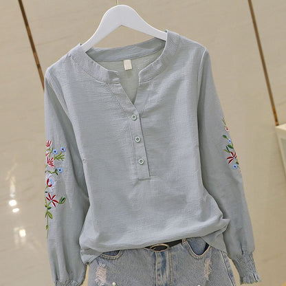 V-neck Embroidery Pleating Long Sleeve Cotton Shirt Fashion Embroidered Top