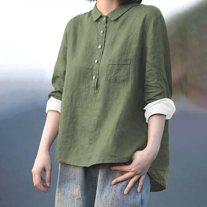 Arrival Long Sleeve Chinese Style Slub Linen Lapel Print Fashionable All-match Pocket Lining