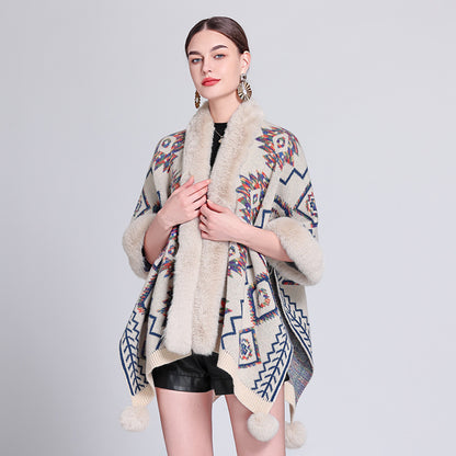 Ethnic Style Fur Ball Shawl Cape Cloak