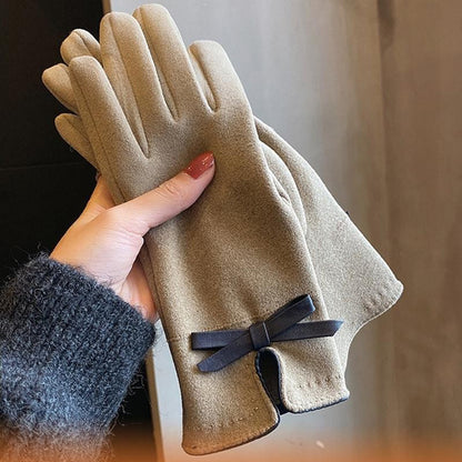 Warm Gloves Winter Women's Korean-style Cute Bow Fleece-lined Thickened