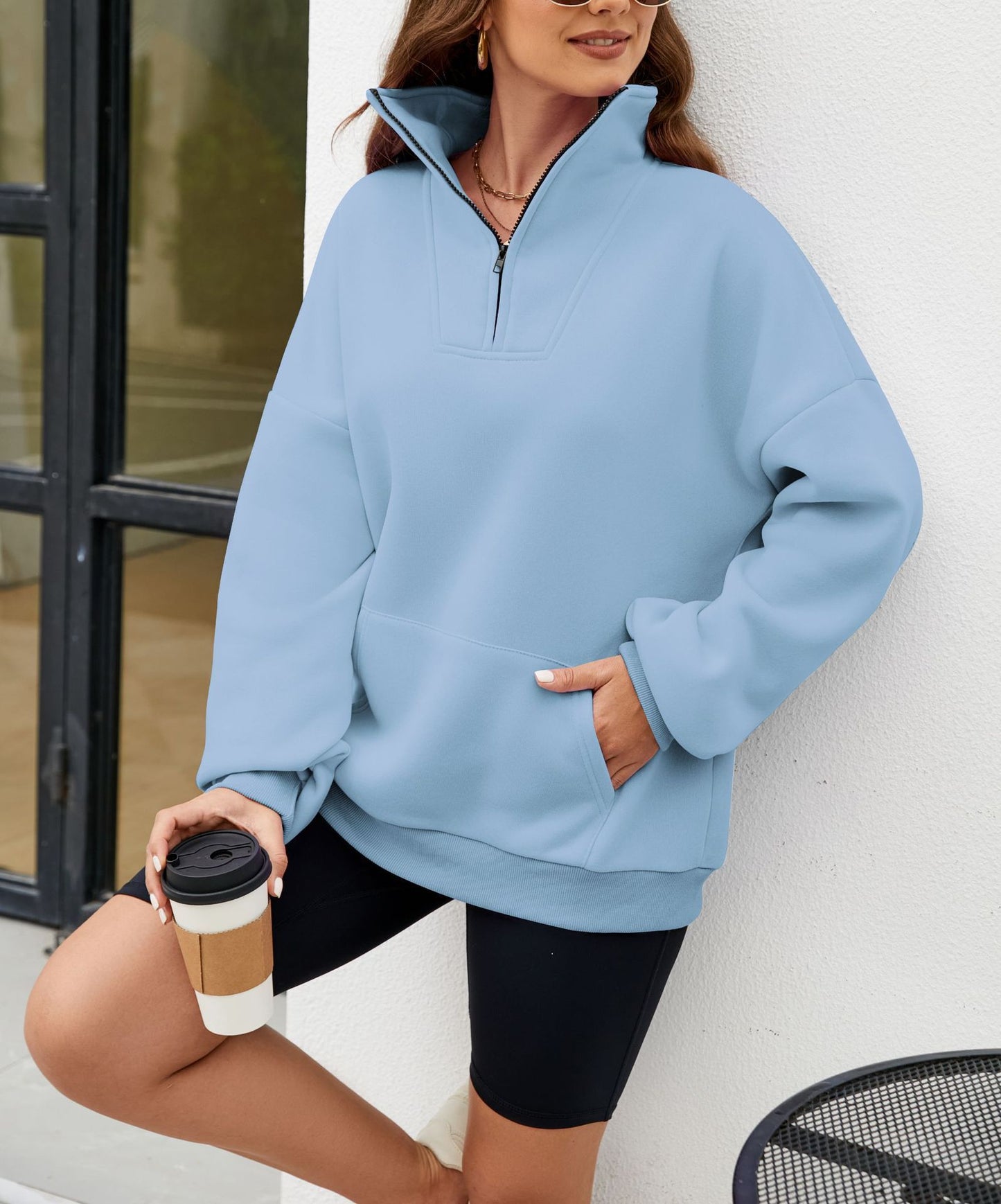 Y2K Solid Color Stand Collar With Pocket Zipper Sweatshirt Casual Sports Loose Top Women's Clothing