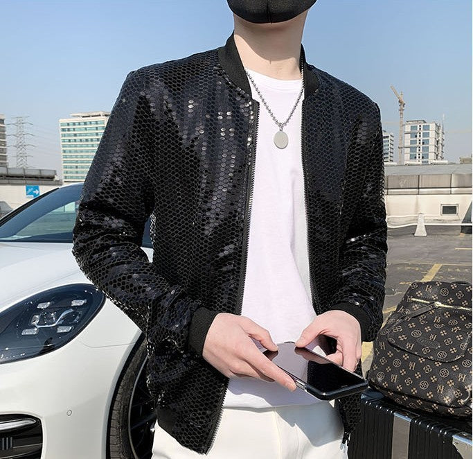 New Men's Personality Fashion Nightclub Trendy Sequined Stand Collar Coat