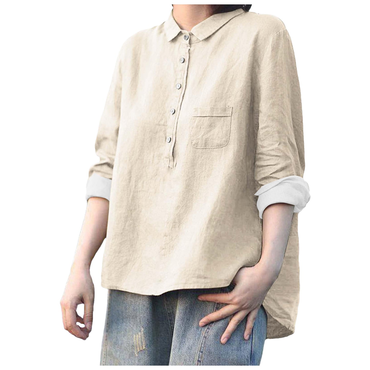 Arrival Long Sleeve Chinese Style Slub Linen Lapel Print Fashionable All-match Pocket Lining