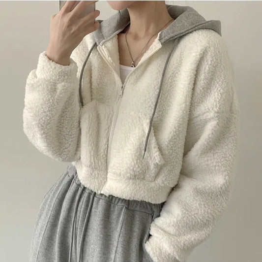 Warm Leisure Sports Loose Lamb Fur Hooded Pocket Small Plush Coat