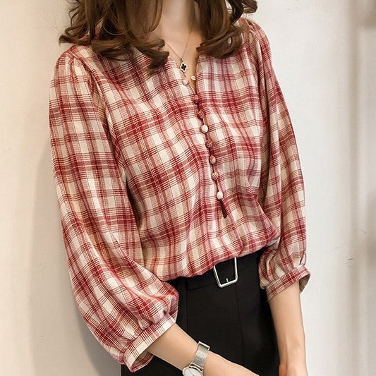 Korean Style Loose Lantern Sleeve Plaid Shirt