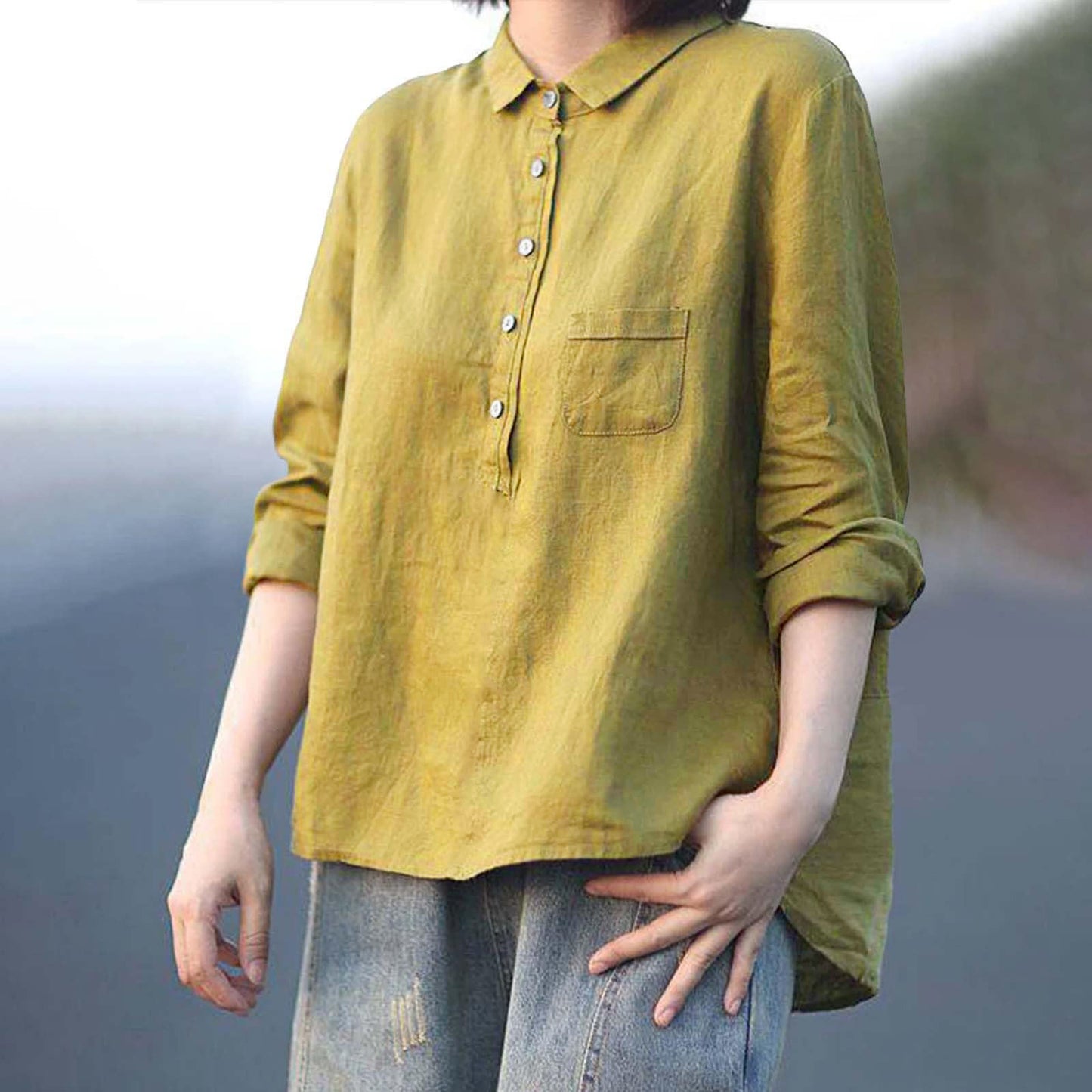 Arrival Long Sleeve Chinese Style Slub Linen Lapel Print Fashionable All-match Pocket Lining