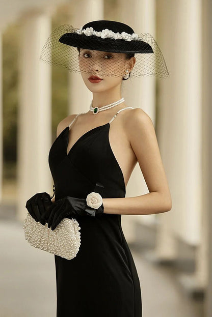 Women's Retro Hepburn Wind Black Evening Dress Butterfly Gloves