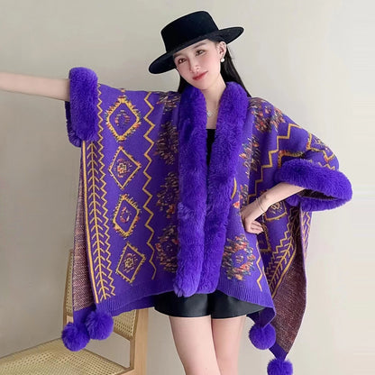 Ethnic Style Fur Ball Shawl Cape Cloak