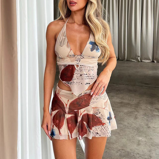 Summer Sexy Printed Dress Set: V-neck Halter Top + Pleated Short Skirt