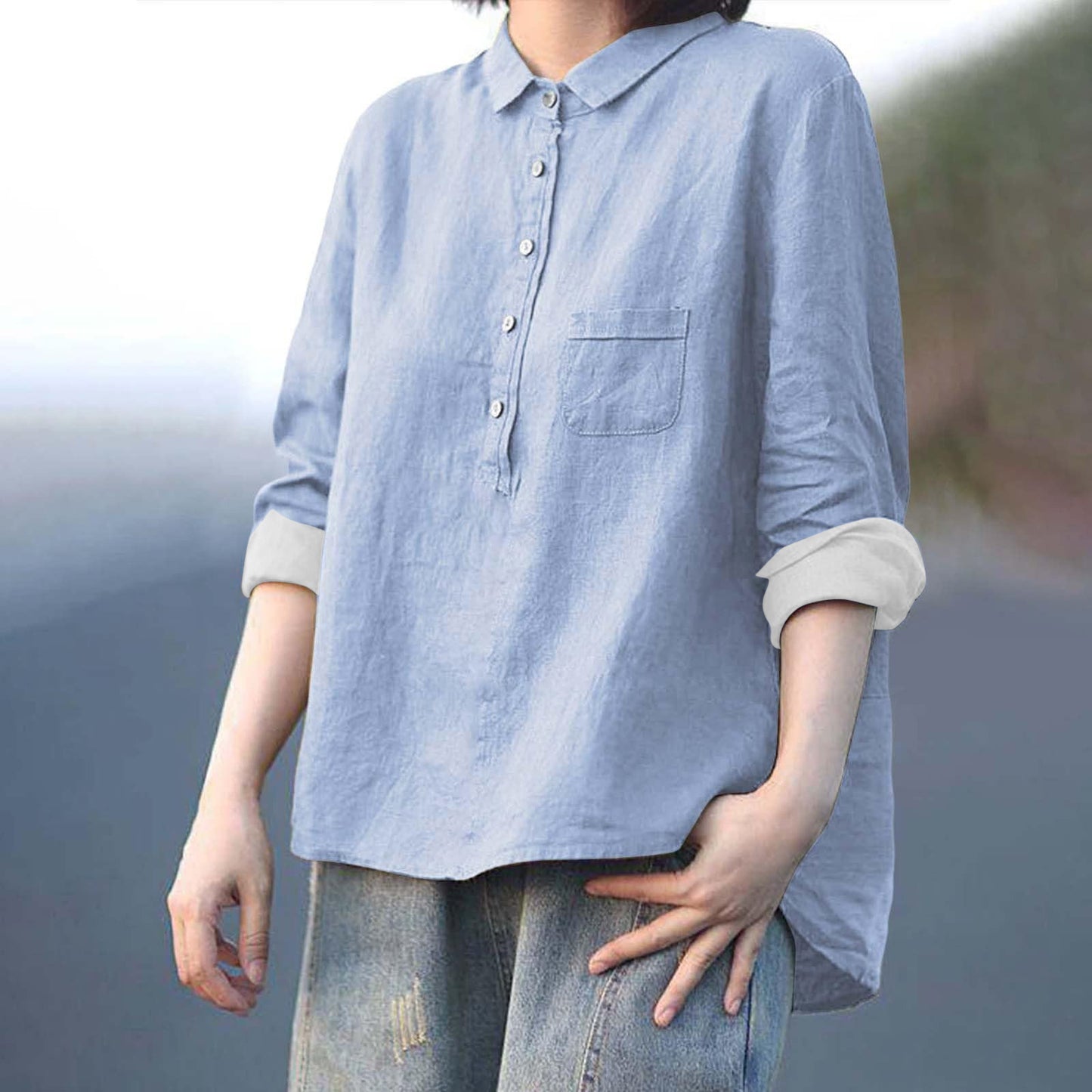 Arrival Long Sleeve Chinese Style Slub Linen Lapel Print Fashionable All-match Pocket Lining