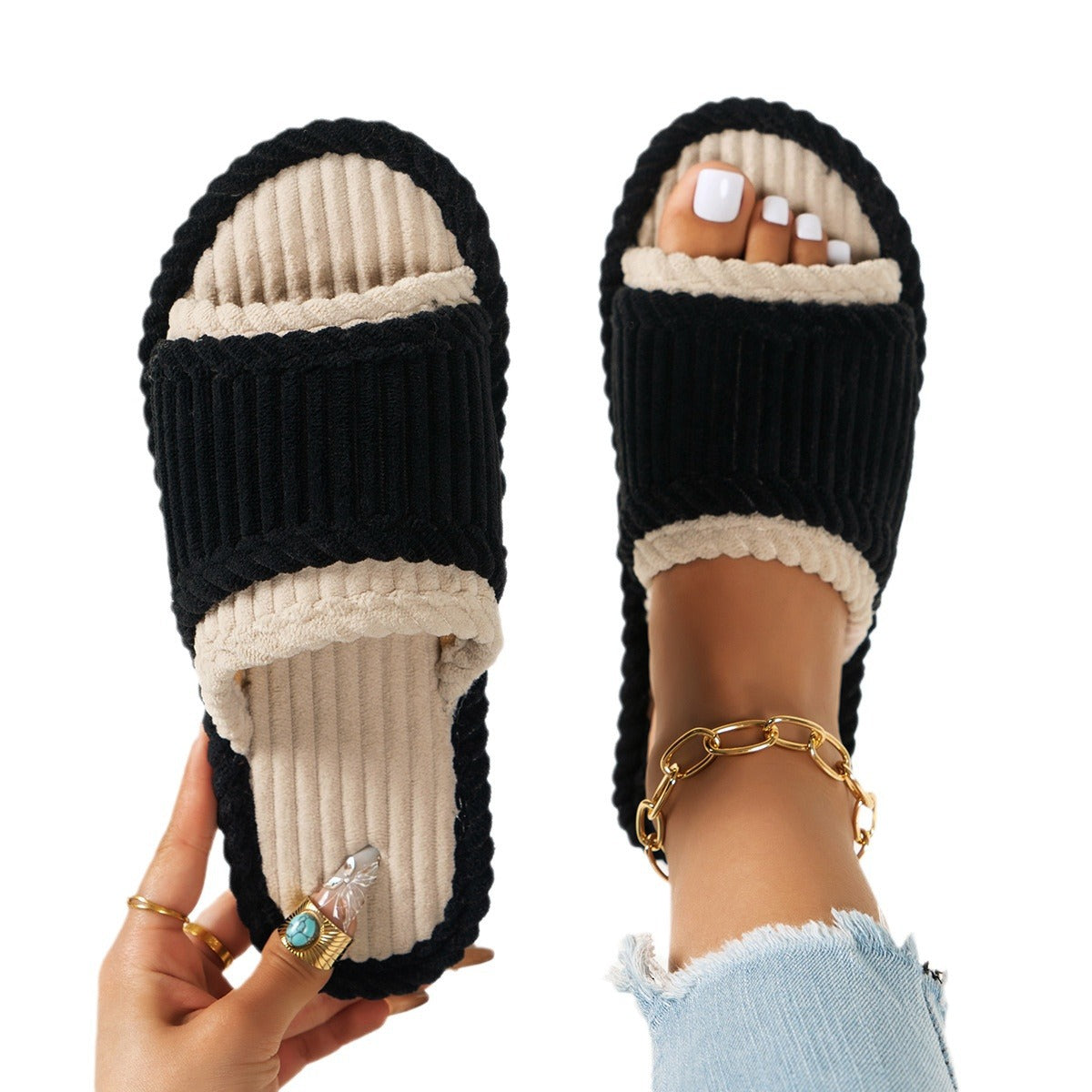 Corduroy Open TPR Open Toe Four Seasons Slippers