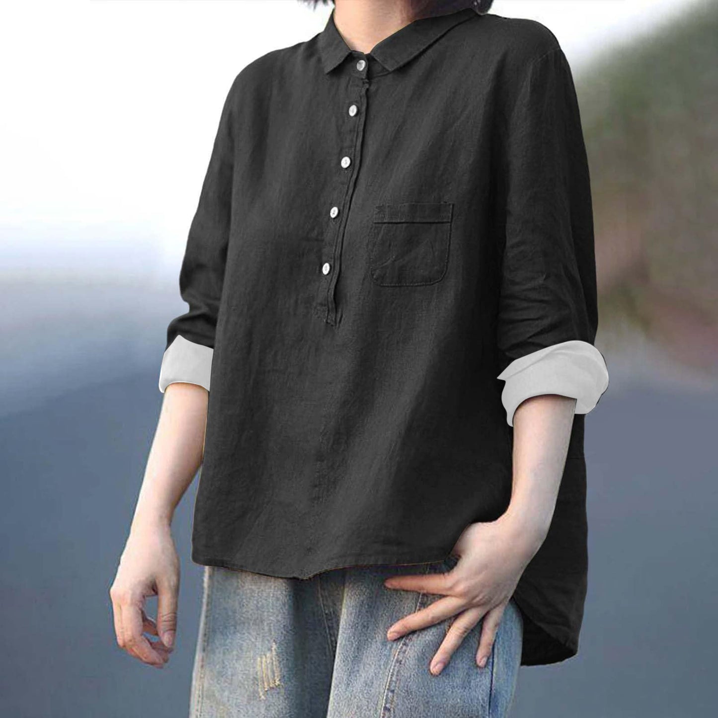 Arrival Long Sleeve Chinese Style Slub Linen Lapel Print Fashionable All-match Pocket Lining