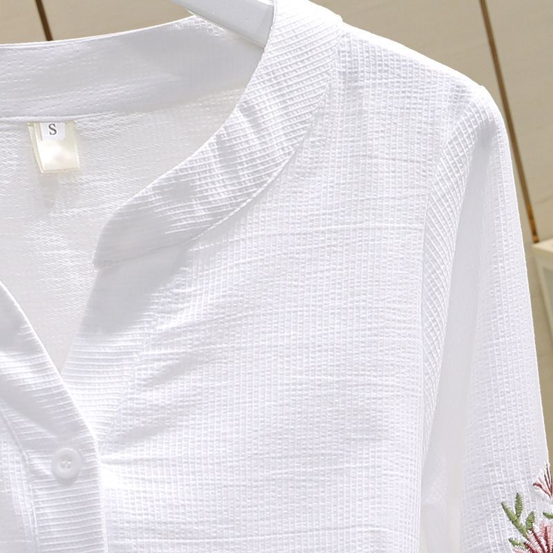 V-neck Embroidery Pleating Long Sleeve Cotton Shirt Fashion Embroidered Top