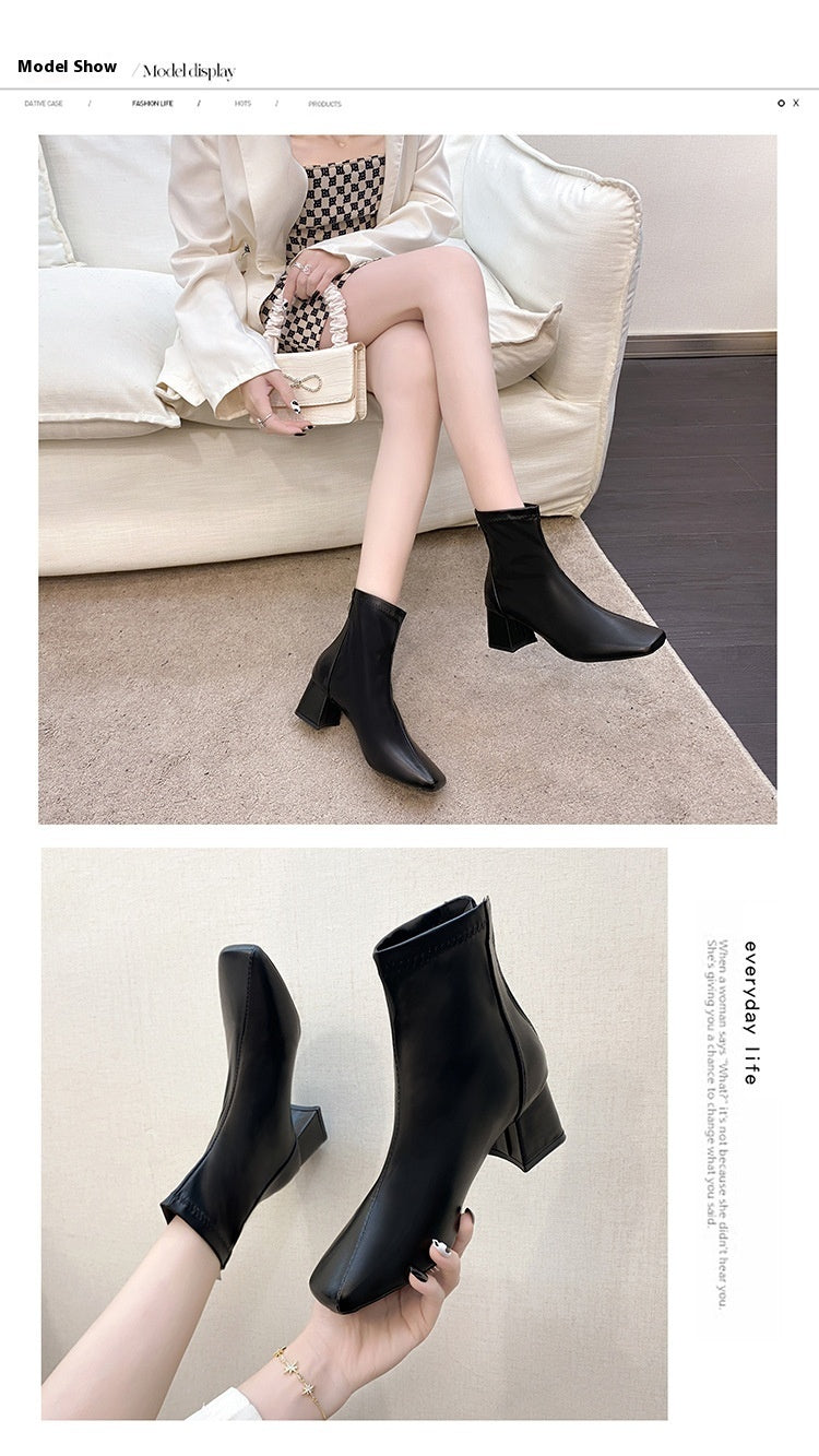 European And American Style Square Toe Back Zip Short Boots Chunky Heel