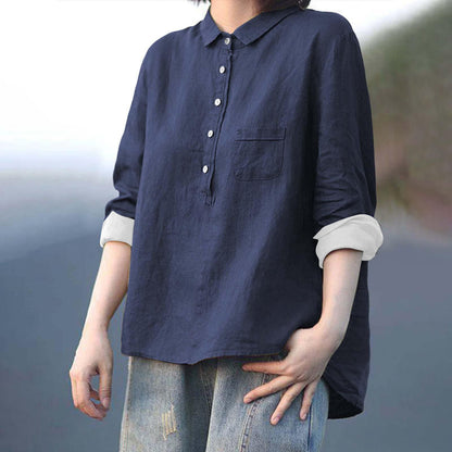 Arrival Long Sleeve Chinese Style Slub Linen Lapel Print Fashionable All-match Pocket Lining