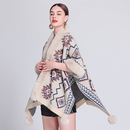 Ethnic Style Fur Ball Shawl Cape Cloak