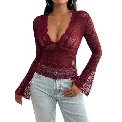 Women's Y2g Bell Sleeve Hollow Out V-neck Pullover Lace Shirt Top