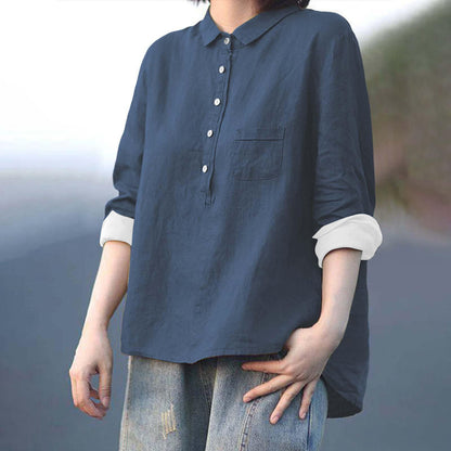 Arrival Long Sleeve Chinese Style Slub Linen Lapel Print Fashionable All-match Pocket Lining