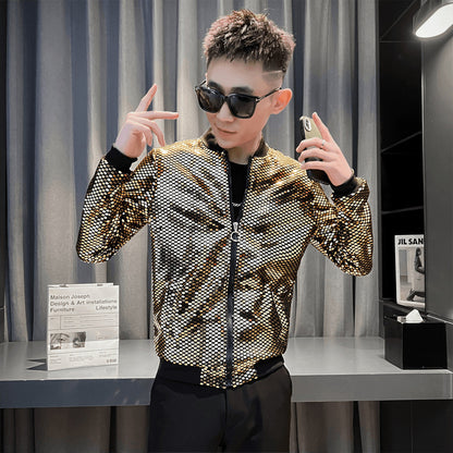 New Men's Personality Fashion Nightclub Trendy Sequined Stand Collar Coat