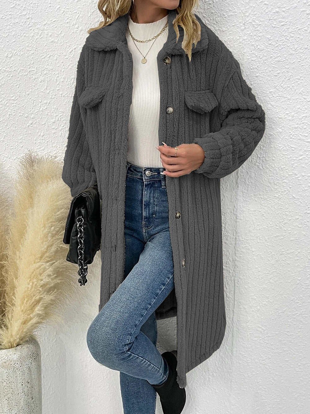 Women's Plush Lapel Long-sleeved Woolen Coat Top